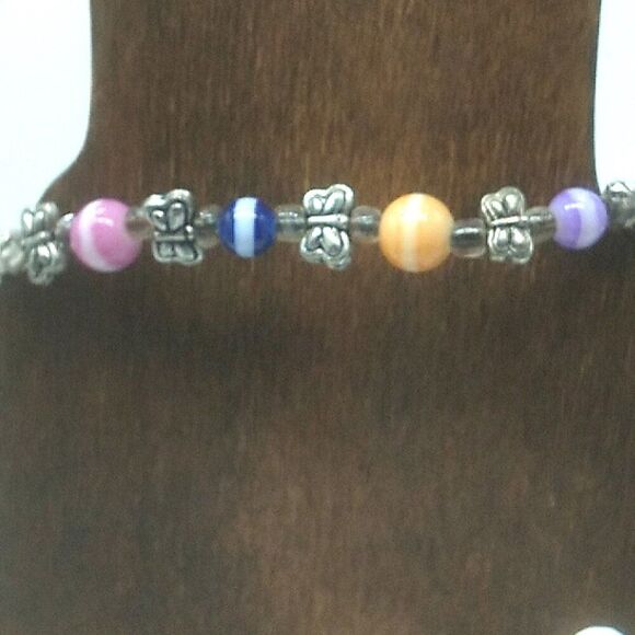 Colorful Rainbow Glass Beaded Toggle Bracelet-Anklet w Silver-tone Butterflies - Picture 10 of 15